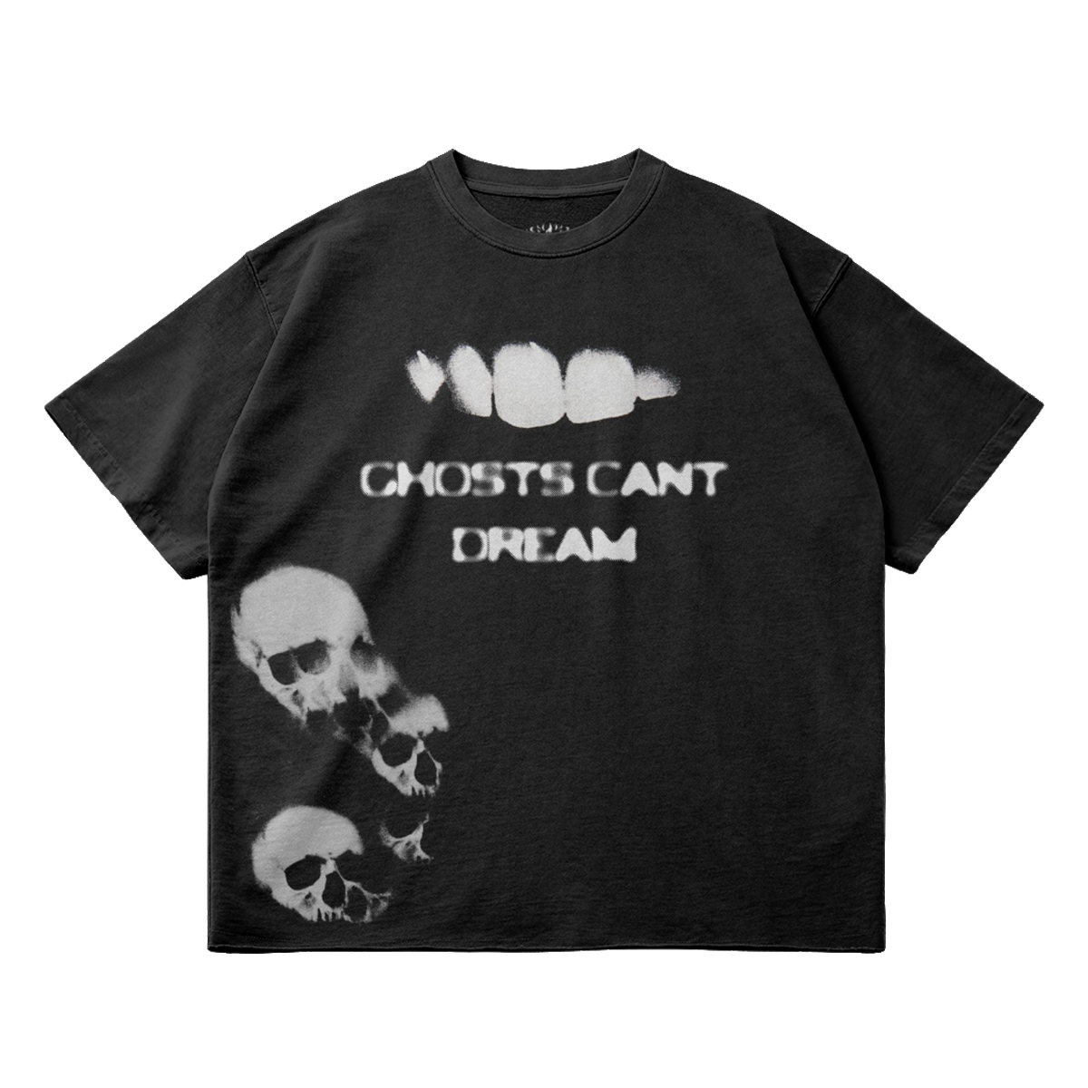 ArnukiClothing Ghosts Cant Dream black streetwear T-shirt with garment dye, 260GSM cotton, faded raw hem, casual style.