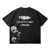 ArnukiClothing Ghosts Cant Dream black streetwear T-shirt with garment dye, 260GSM cotton, faded raw hem, casual style.