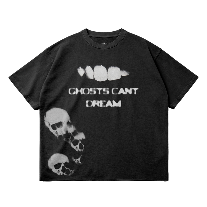 ArnukiClothing Ghosts Cant Dream black streetwear T-shirt with garment dye, 260GSM cotton, faded raw hem, casual style.