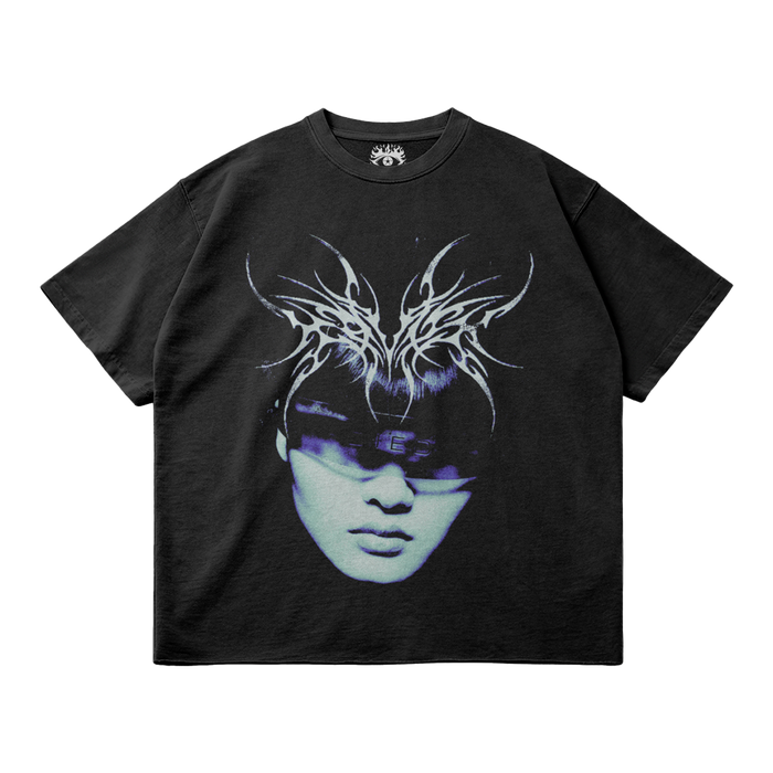 ArnukiClothing Kryptic Myst streetwear T-shirt in faded raw hem cotton, front view showcasing the garment dyed, true-to-size fit.