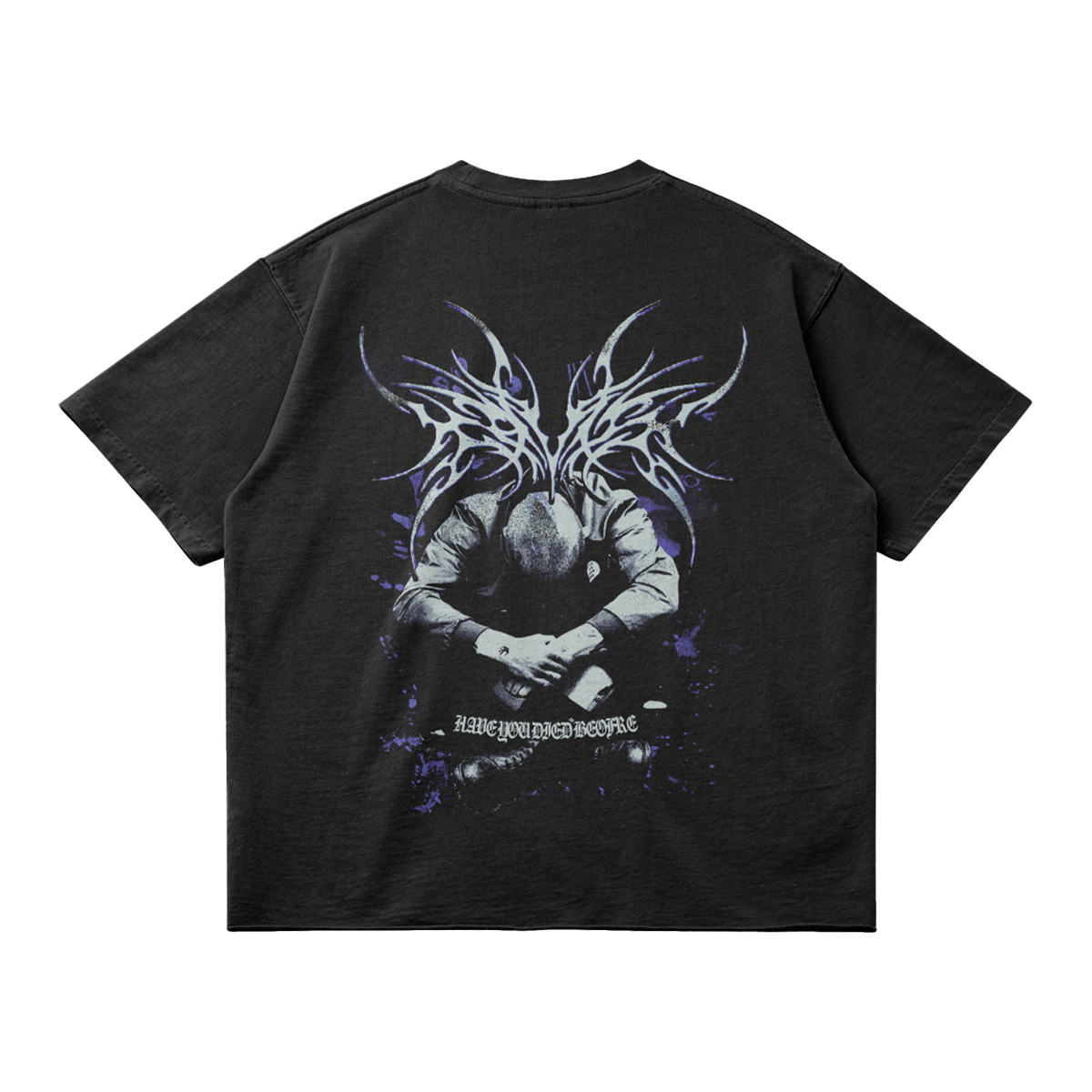 ArnukiClothing Kryptic Myst streetwear t-shirt with faded raw hem, garment dyed 260GSM cotton, shown from the back in toxic mockup.