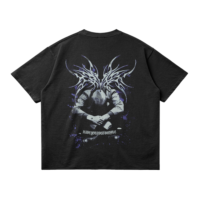 ArnukiClothing Kryptic Myst streetwear t-shirt with faded raw hem, garment dyed 260GSM cotton, shown from the back in toxic mockup.