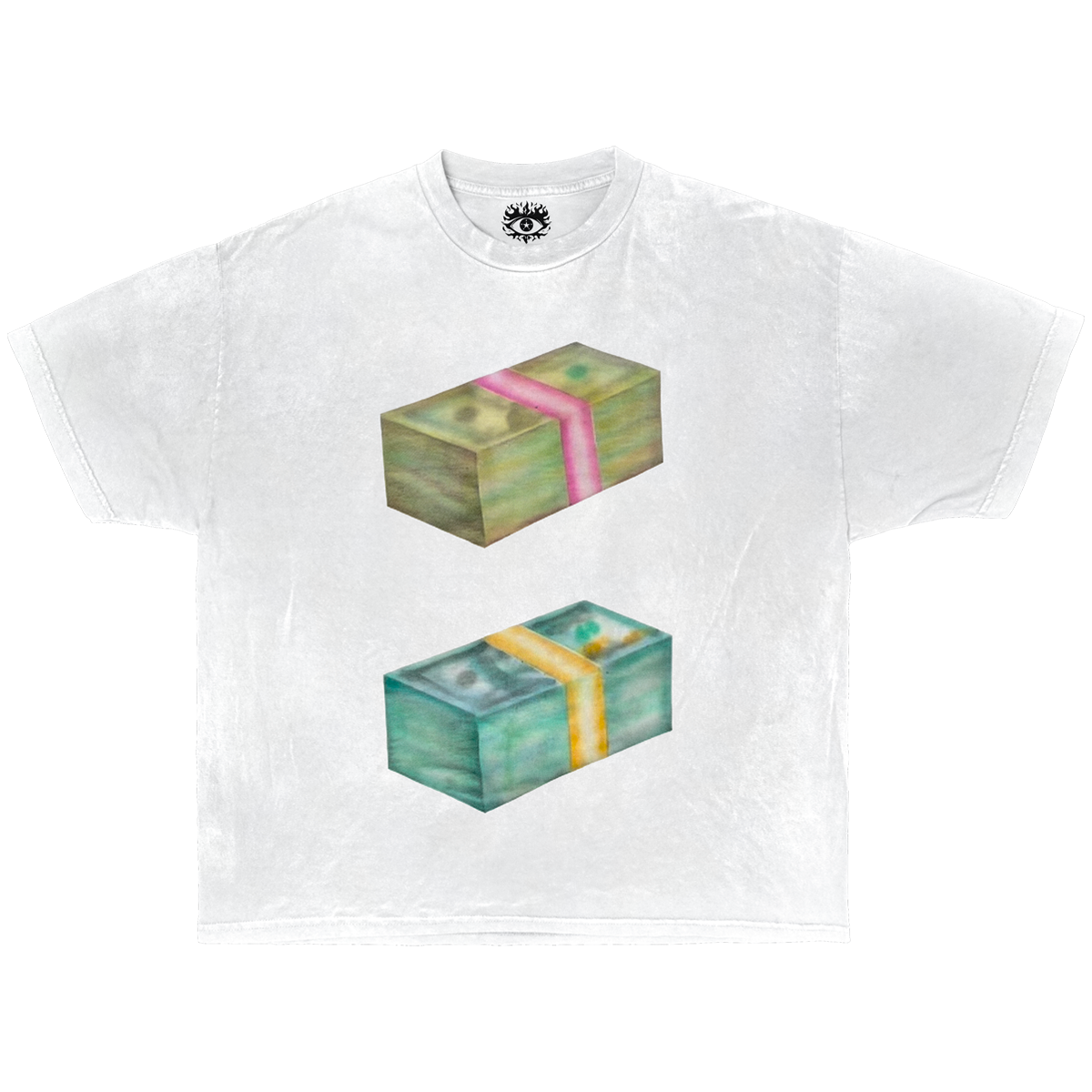 Unisex ArnukiClothing boxy fit cotton T-shirt with a money-themed graphic, featuring a relaxed fit and premium 240 GSM fabric.