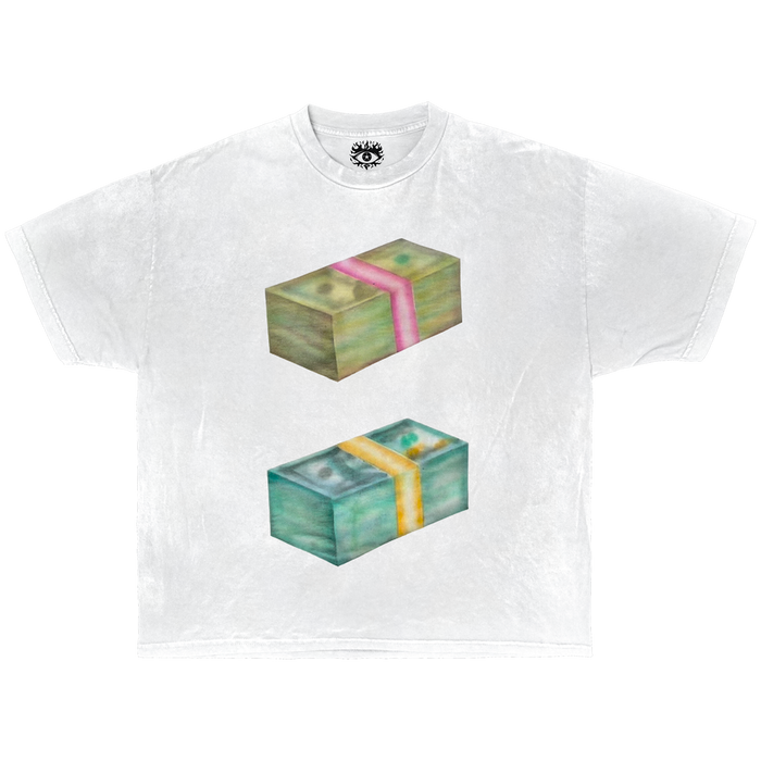 Unisex ArnukiClothing boxy fit cotton T-shirt with a money-themed graphic, featuring a relaxed fit and premium 240 GSM fabric.
