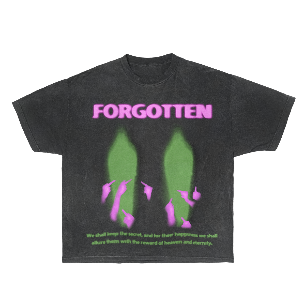 ArnukiClothing paranormal forgotten garment-dyed streetwear T-shirt in green with short sleeves and cotton fabric, front view.