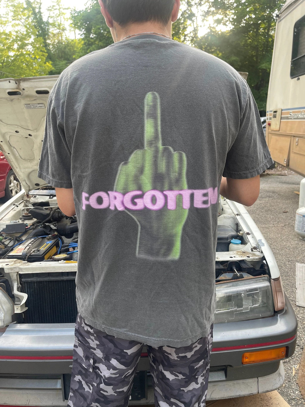 Cotton short sleeve streetwear T-shirt by ArnukiClothing featuring paranormal forgotten garment dye design.