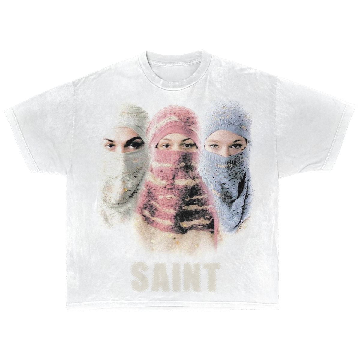 White cotton Saint Streetwear T-shirt by ArnukiClothing with distressed graphic print and true-to-size fit.