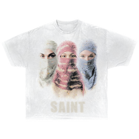 White cotton Saint Streetwear T-shirt by ArnukiClothing with distressed graphic print and true-to-size fit.