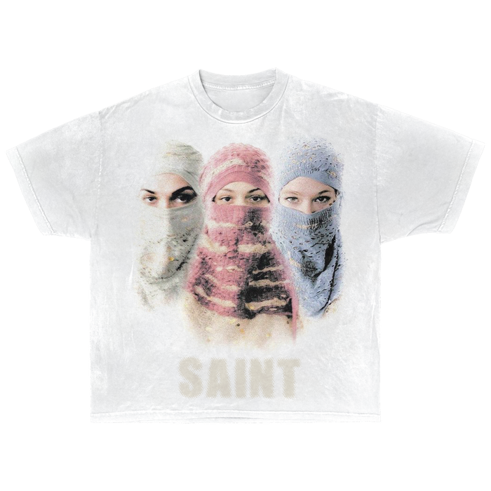 White cotton Saint Streetwear T-shirt by ArnukiClothing with distressed graphic print and true-to-size fit.