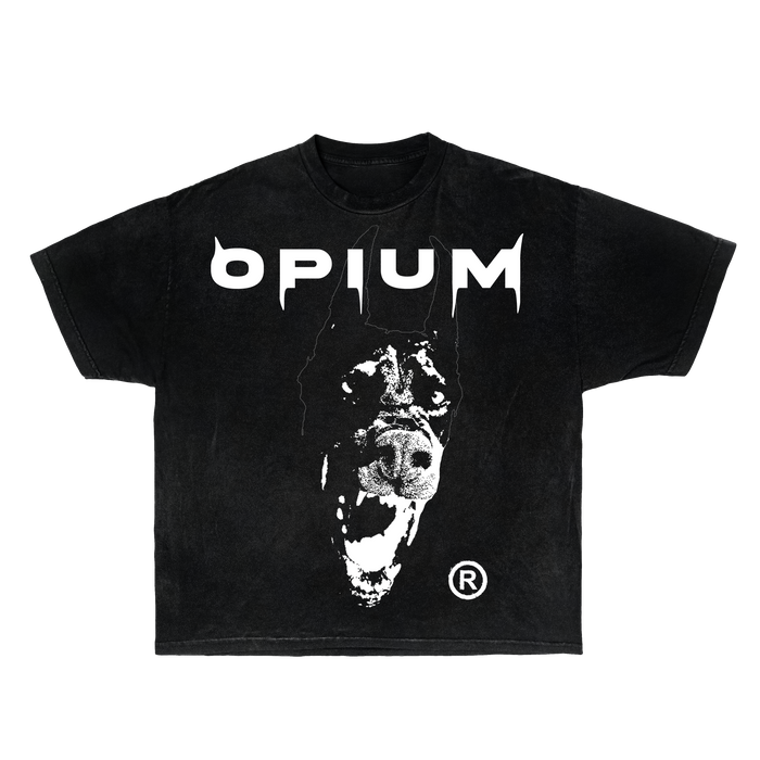 Black Opium Dobermann Streetwear T-Shirt by ArnukiClothing featuring a bold Dobermann dog graphic on the front.