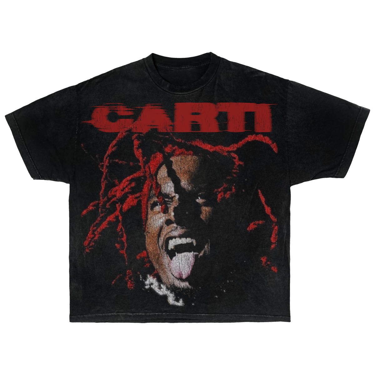 Red and black Playboi Carti graphic T-shirt by ArnukiClothing featuring bold print, short sleeves, streetwear style for fans.