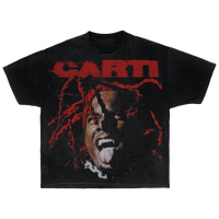 Red and black Playboi Carti graphic T-shirt by ArnukiClothing featuring bold print, short sleeves, streetwear style for fans.