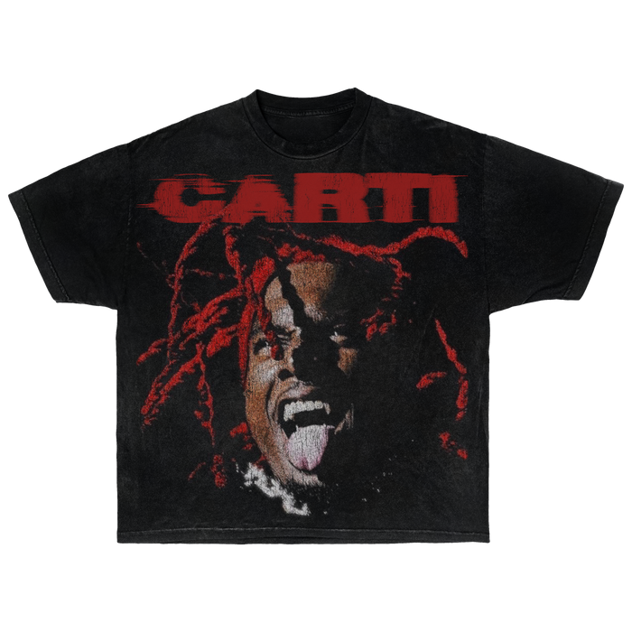 Red and black Playboi Carti graphic T-shirt by ArnukiClothing featuring bold print, short sleeves, streetwear style for fans.