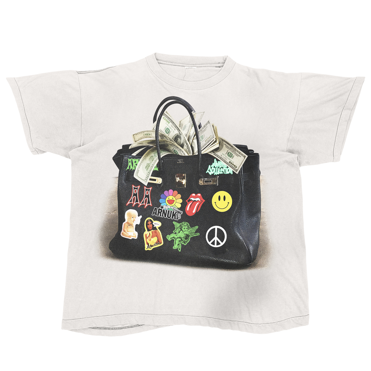 White ArnukiClothing designer streetwear T-shirt with a loose fit, heavyweight 190 GSM cotton, featuring a graphic bag print.