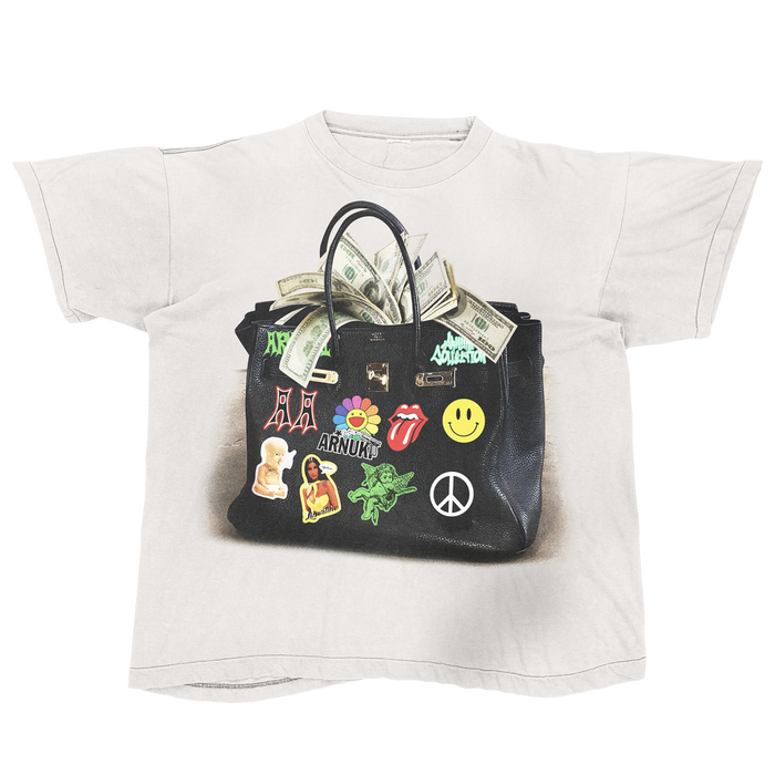 White ArnukiClothing designer streetwear T-shirt with a loose fit, heavyweight 190 GSM cotton, featuring a graphic bag print.