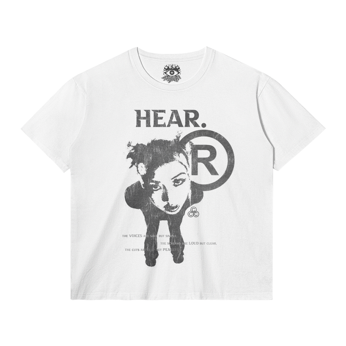White HEAR streetwear T-shirt by ArnukiClothing, classic fit cotton tee with 180 GSM fabric and DTG print.