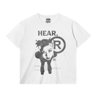 White HEAR streetwear T-shirt by ArnukiClothing, classic fit cotton tee with 180 GSM fabric and DTG print.