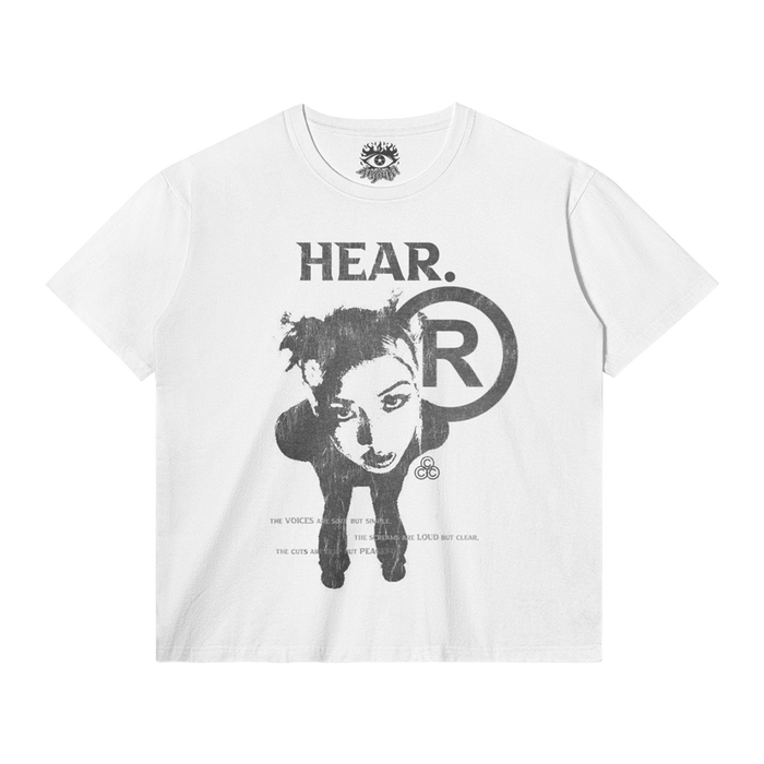 White HEAR streetwear T-shirt by ArnukiClothing, classic fit cotton tee with 180 GSM fabric and DTG print.