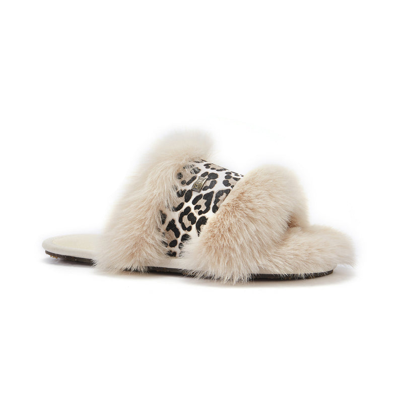 Australia Luxe Collective Muchas Luxe Snow Leopard slippers with plush faux fur and leopard print design.