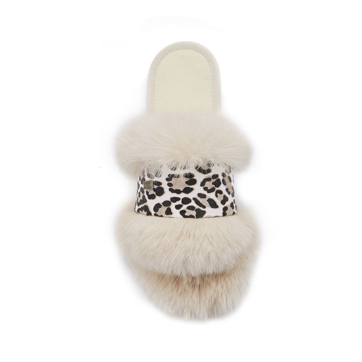 Australia Luxe Collective Muchas Luxe Snow Leopard slippers with soft leopard print fur and cozy slip-on design.