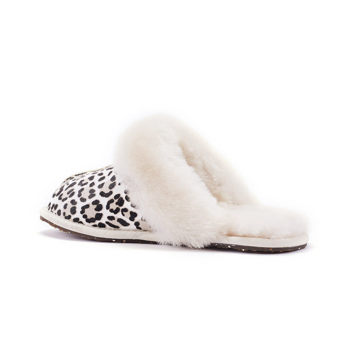 Australia Luxe Collective closed mule slippers in snow leopard print, featuring a cozy slip-on design and plush fur exterior.