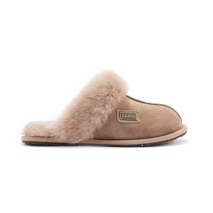 Taupe closed mule slippers by Australia Luxe Collective featuring a soft, cozy design perfect for indoor comfort.