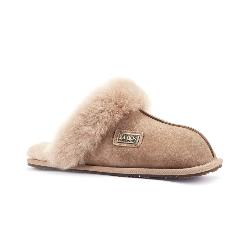 Taupe closed mule slippers by Australia Luxe Collective, featuring a cozy slip-on design and soft fabric for comfortable wear.