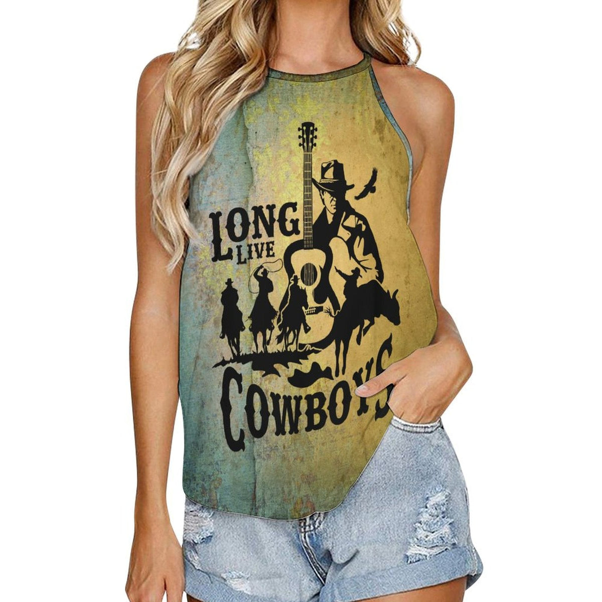Cowboys print women's Western tank top from Baha Ranch Western Wear, featuring a sleeveless design with cowboy and horse motifs.