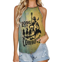 Cowboys print women's Western tank top from Baha Ranch Western Wear, featuring a sleeveless design with cowboy and horse motifs.