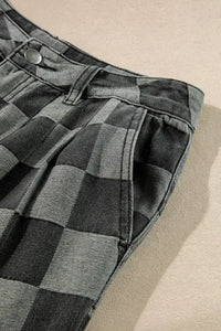 Dusk Blue Checkered Light Washed Wide Leg Jeans