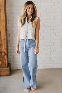 Myosotis Side Slit High Rise Drawstring Casual Jeans