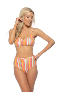 Colorful stripe high waist bikini set by Beach Joy Bikini featuring vibrant multicolor pattern and high waist design.
