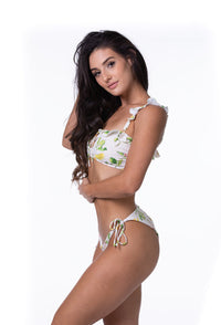 Beach Joy Bikini lemon print ruffle trim bikini set with adjustable straps and matching bottoms, perfect for summer swimwear.