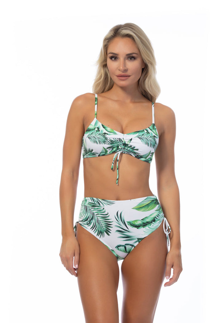 Beach Joy Bikini tropical leaf ruffled bikini set with ruching detail, featuring vibrant green tropical leaf pattern.