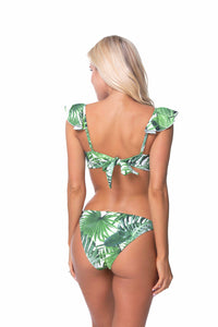 Beach Joy Bikini tropical leaf ruffle trim bikini with vibrant green leaf pattern and ruffle accents on the top and bottom.