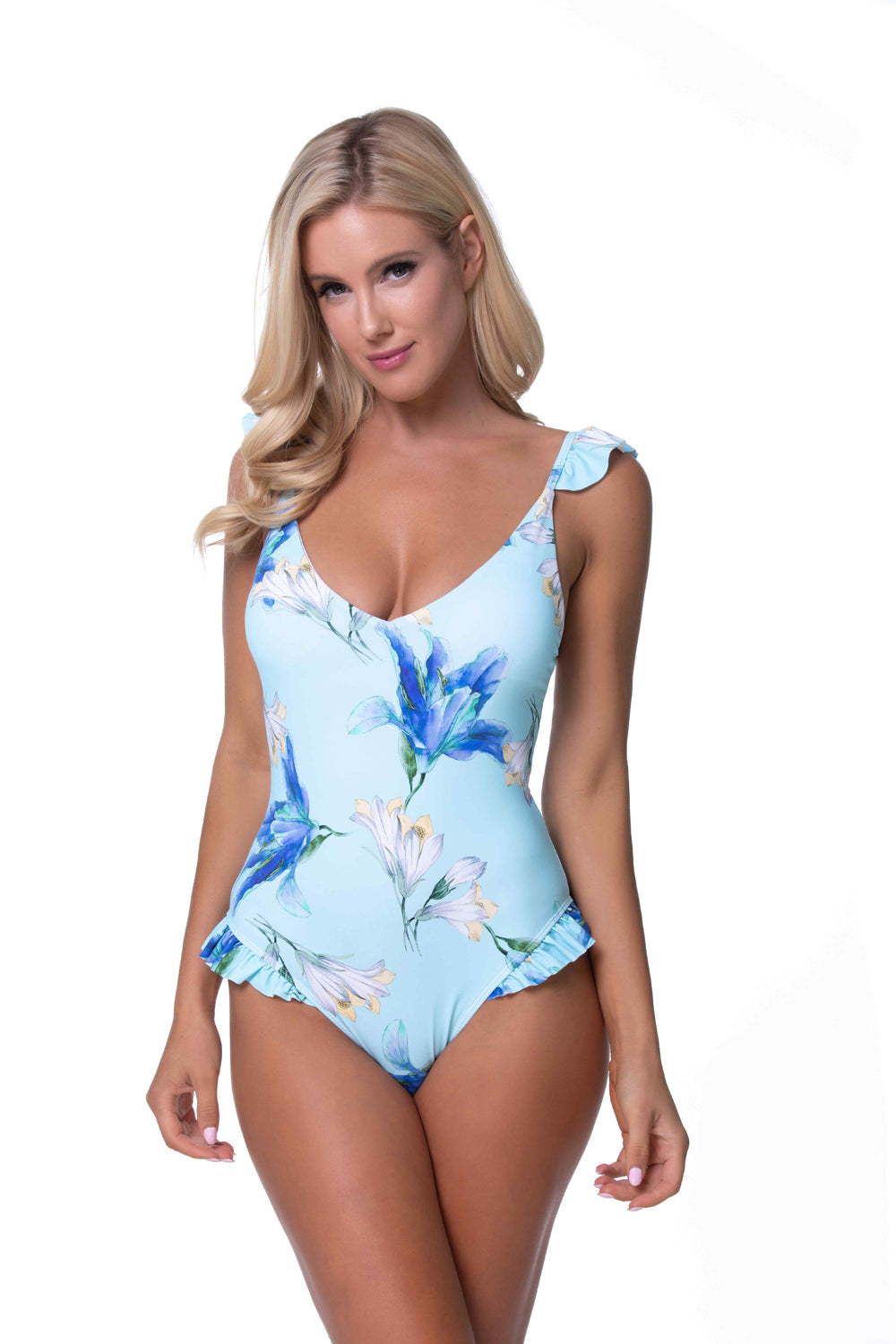 Blue floral ruffle trim one-piece swimsuit by Beach Joy Bikini featuring ruffled details and a vibrant floral pattern.