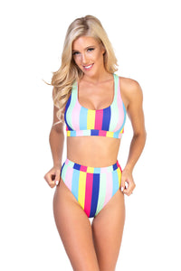 Colorful rainbow stripe stretch-knit one-piece bikini set by Beach Joy Bikini, featuring a vibrant, fitted swimwear design.
