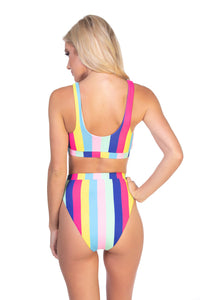 Beach Joy Bikini rainbow stripe stretch-knit one-piece bikini set displayed on a model showing the colorful pattern and fit.