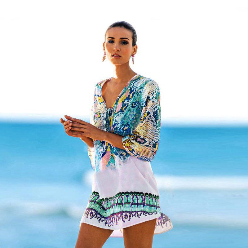 Bella Mia serpentine chiffon beach cover-up jacket with lightweight, flowing design for swimwear styling.
