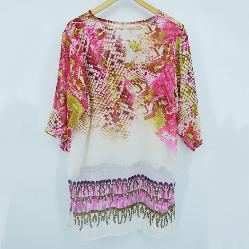 Bella Mia serpentine chiffon beach cover-up jacket with lightweight, flowing fabric for swimwear and bikini cover-up.
