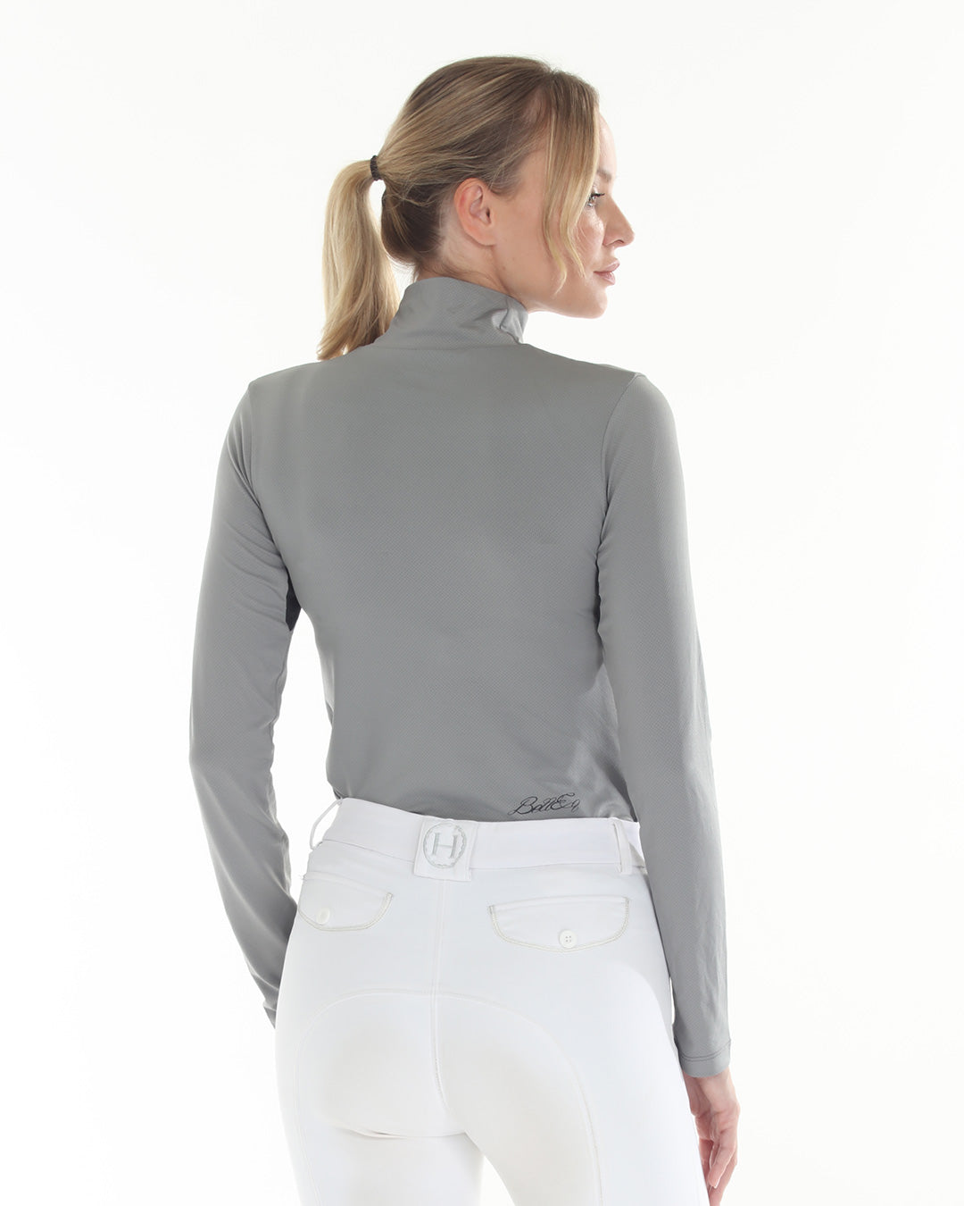 BellEq™ Equestrian Apparel Summer Mini Mesh pullover in slate, showing the lightweight mesh fabric and back view.