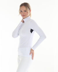 BellEq™ Equestrian Apparel summer white mini mesh pullover with side detailing, lightweight and breathable for warm weather riding.