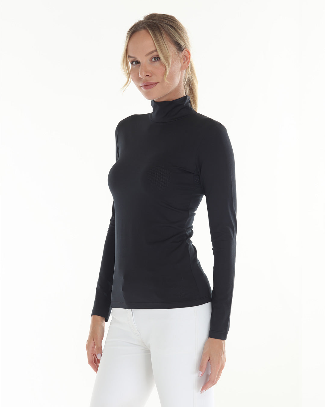BellEq™ Equestrian Apparel Summer Mini Mesh pullover in caviar color, shown from side view, lightweight and breathable for warm weather riding.
