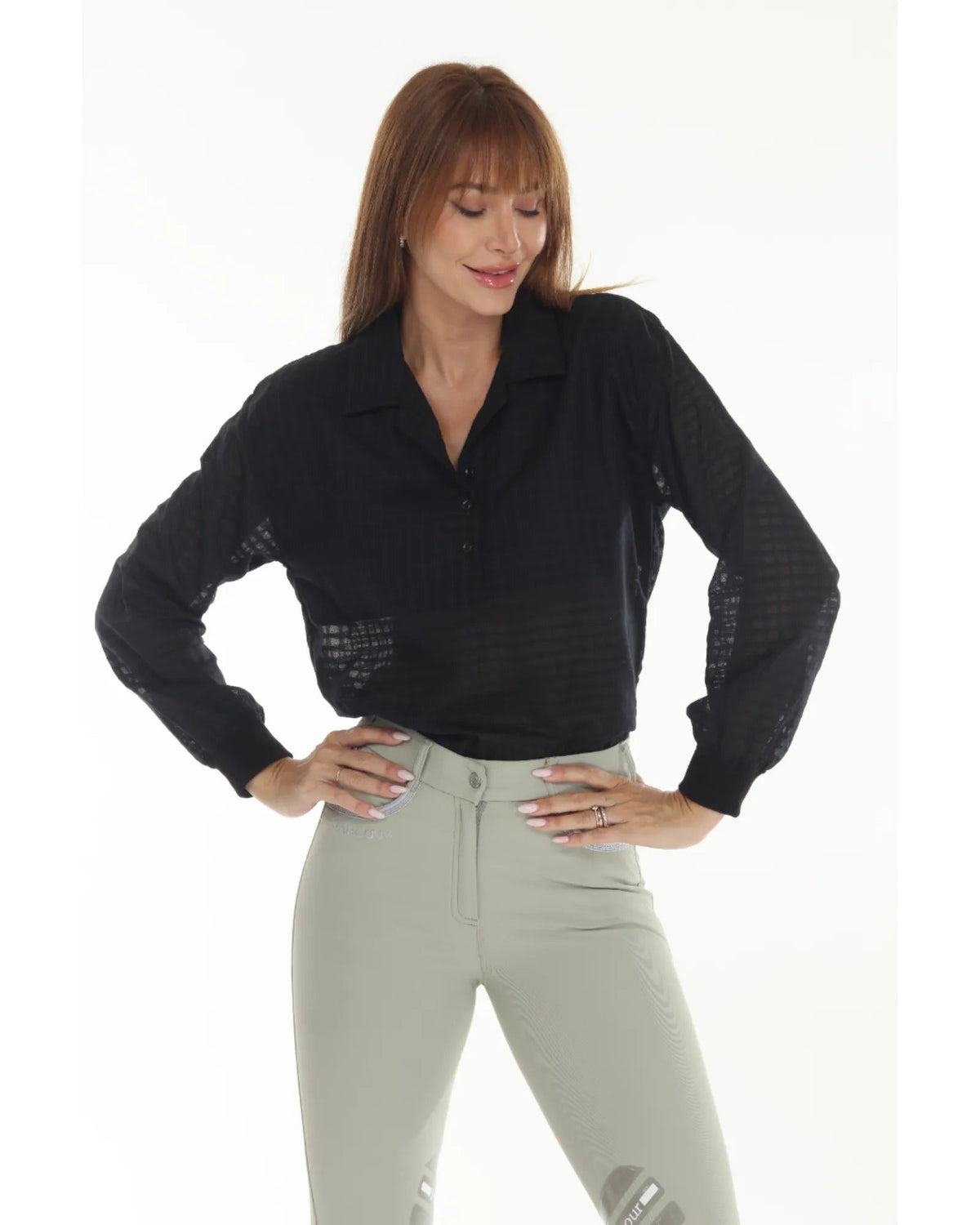 Blackberry-colored SUNDAE women's blouse shirt by BellEq Equestrian Apparel, featuring a stylish, comfortable fit and elegant design.