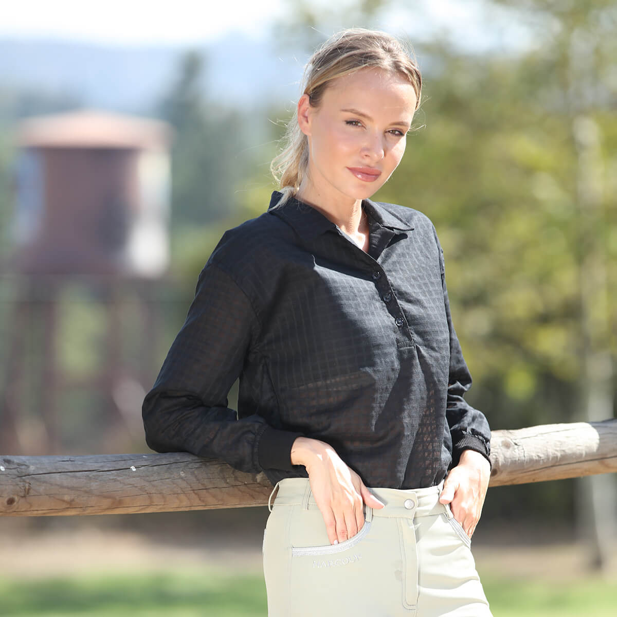 SunDAE Women's Blackberry blouse, a stylish shirt from BellEq™ Equestrian Apparel, shown in a casual lifestyle setting.