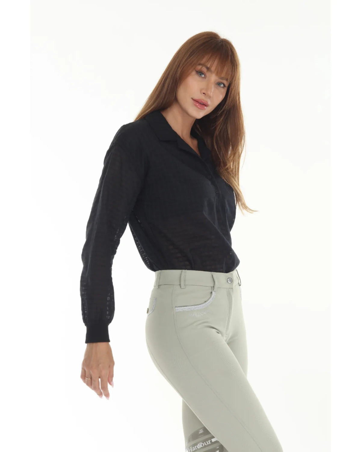 Blackberry-colored SUNDAE Women's blouse by BellEq™ Equestrian Apparel, shown as a stylish shirt with a relaxed fit.
