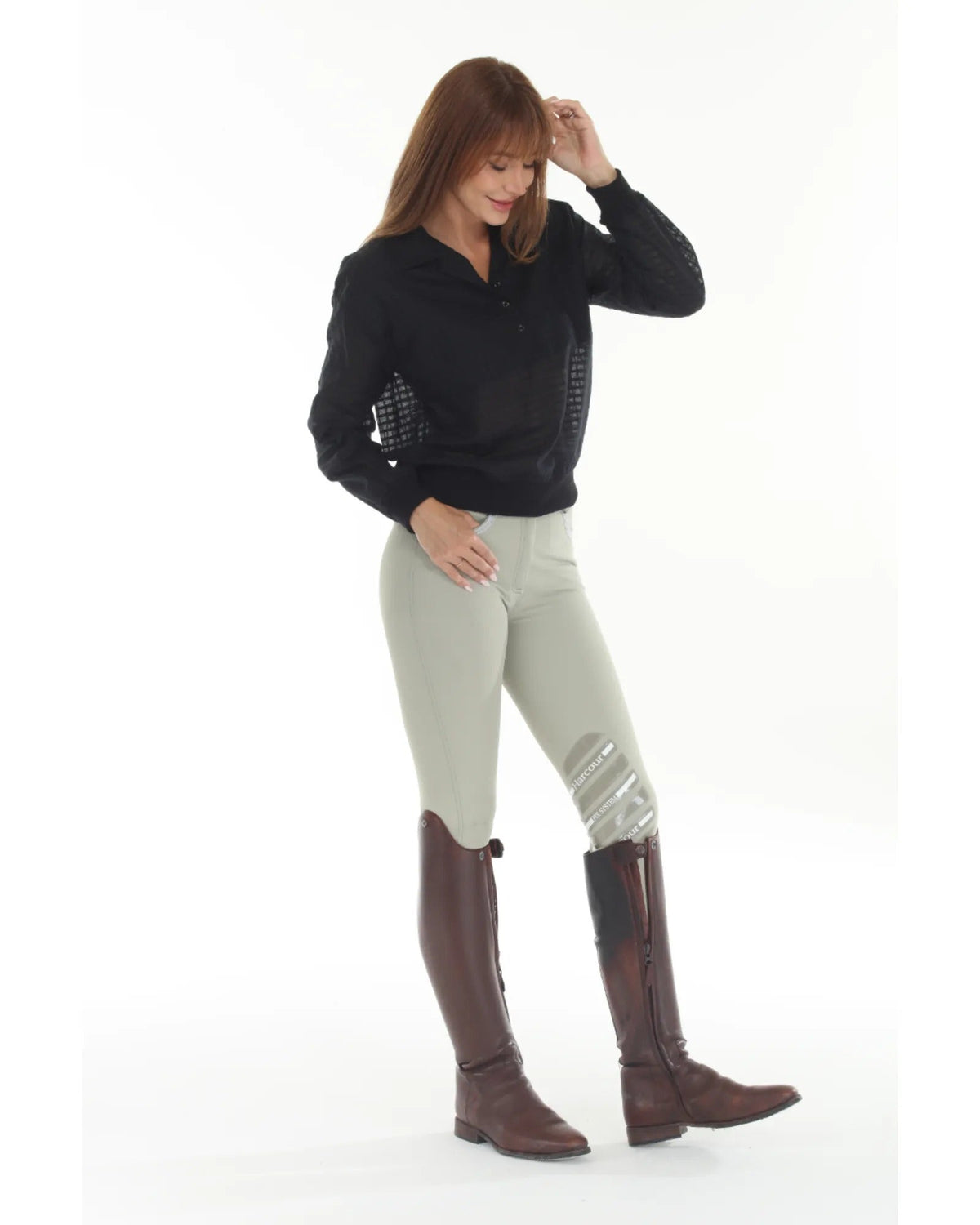 BellEq™ Equestrian Apparel Sundae Women's Blackberry Blouse, stylish shirt with long sleeves and a fitted design, close-up view.