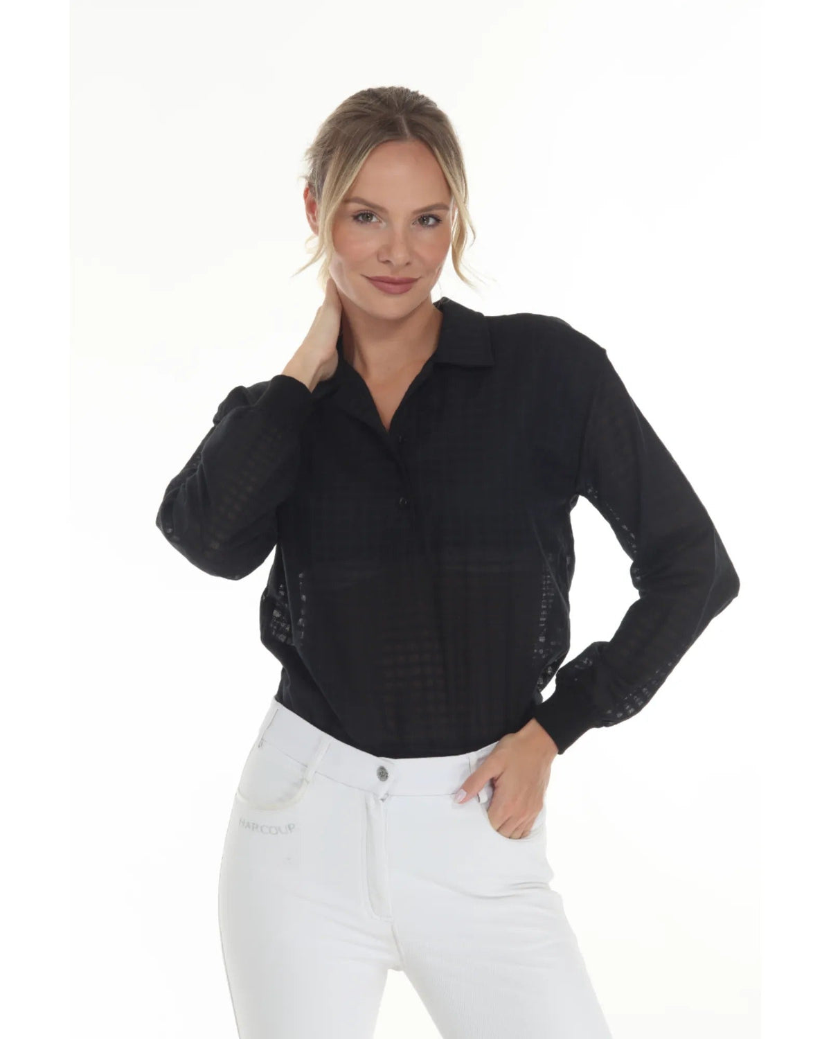 Blackberry SUNDAE Women's Blouse by BellEq™ Equestrian Apparel, a stylish shirt with a comfortable fit and detailed fabric design.