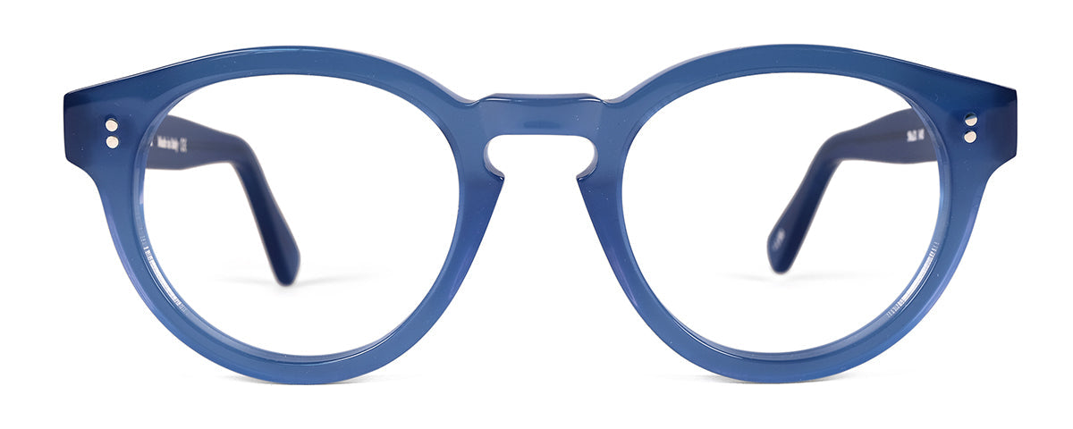 Blue translucent Benny's Eyewear Carter reading glasses with clear lenses and 1.00 magnification.
