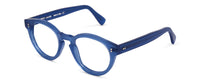 Benny's Eyewear Carter reading glasses with blue translucent frames and 1.00 magnification, close-up view of the glasses.